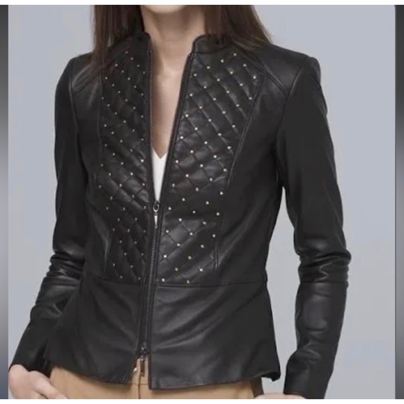 White House Black Market Leather Jacket Quilted Studded Black - Picture 1 of 8